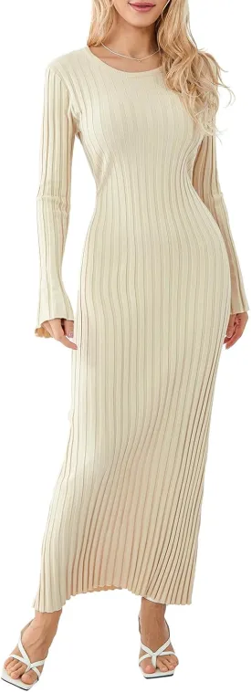 NZNDSHD Women Knit Bodycon Maxi Dress Long Sleeve Crew Neck Ribbed Fall Long Dress Casual Slim Fitted Going Out Dresses