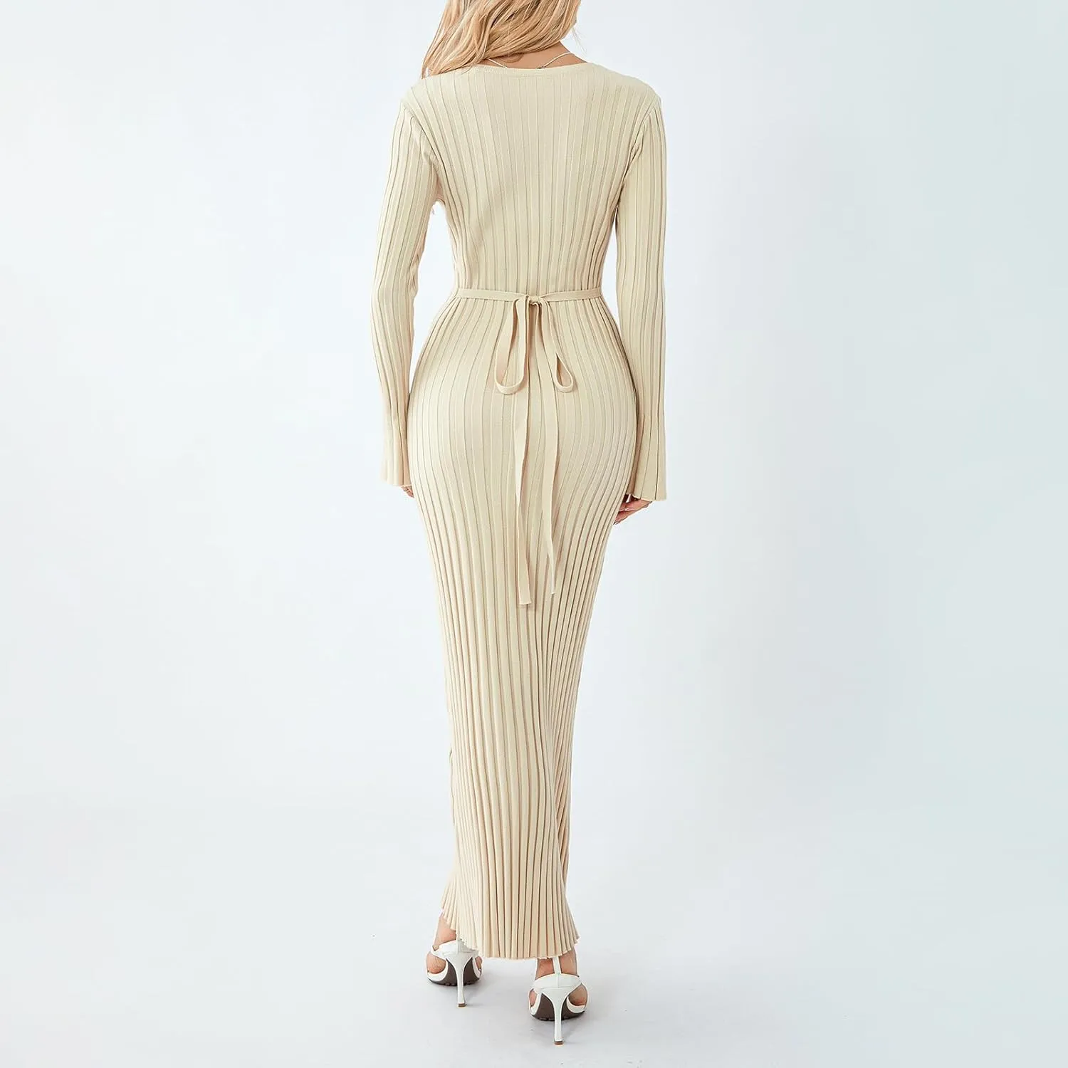 NZNDSHD Women Knit Bodycon Maxi Dress Long Sleeve Crew Neck Ribbed Fall Long Dress Casual Slim Fitted Going Out Dresses