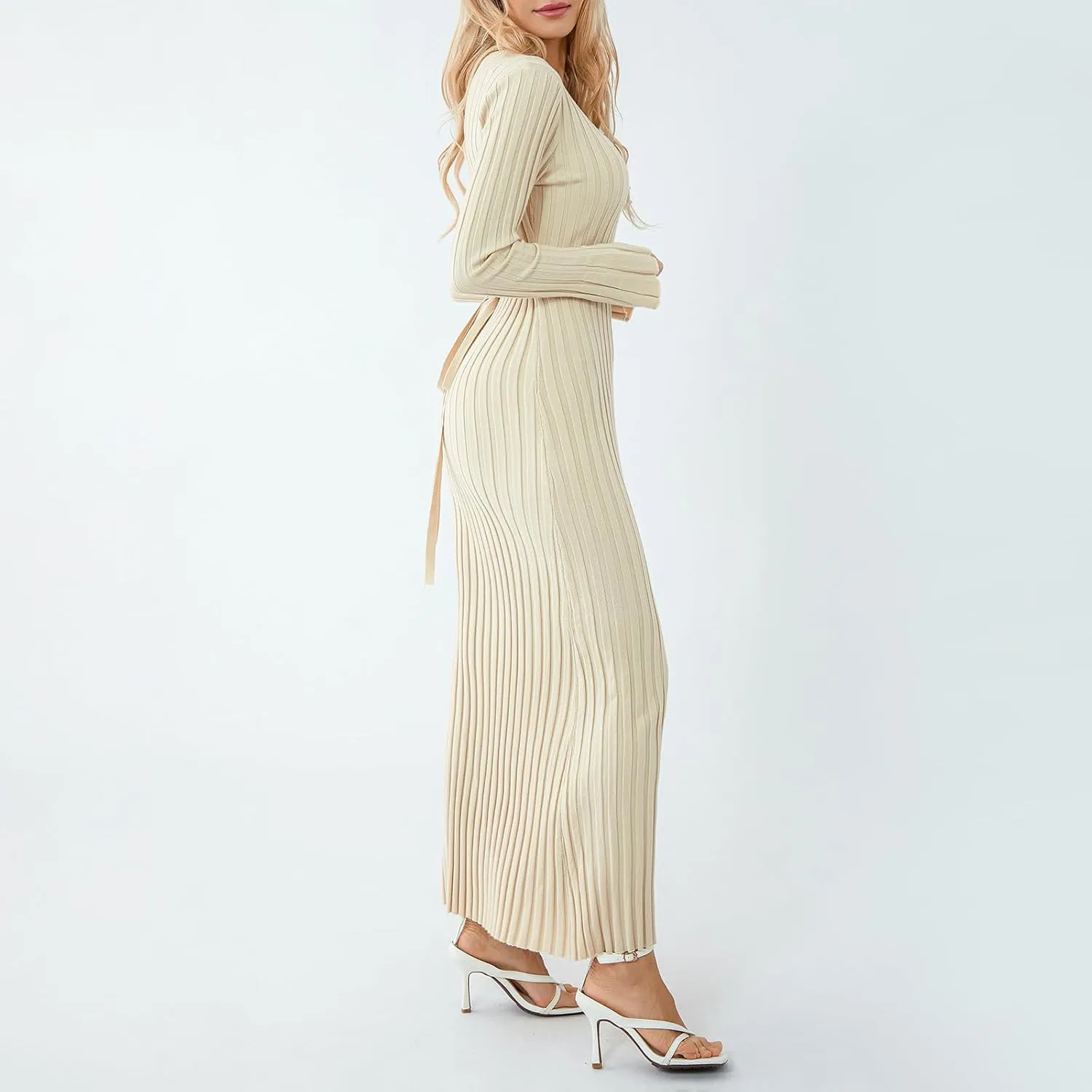 NZNDSHD Women Knit Bodycon Maxi Dress Long Sleeve Crew Neck Ribbed Fall Long Dress Casual Slim Fitted Going Out Dresses
