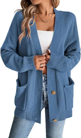 Pink Queen Women's Casual Loose Cardigan Sweaters Button Up Long Sleeve Open Front Sweater Coats Drop Shoulder Cardigan with Pockets Prussian Blue XL