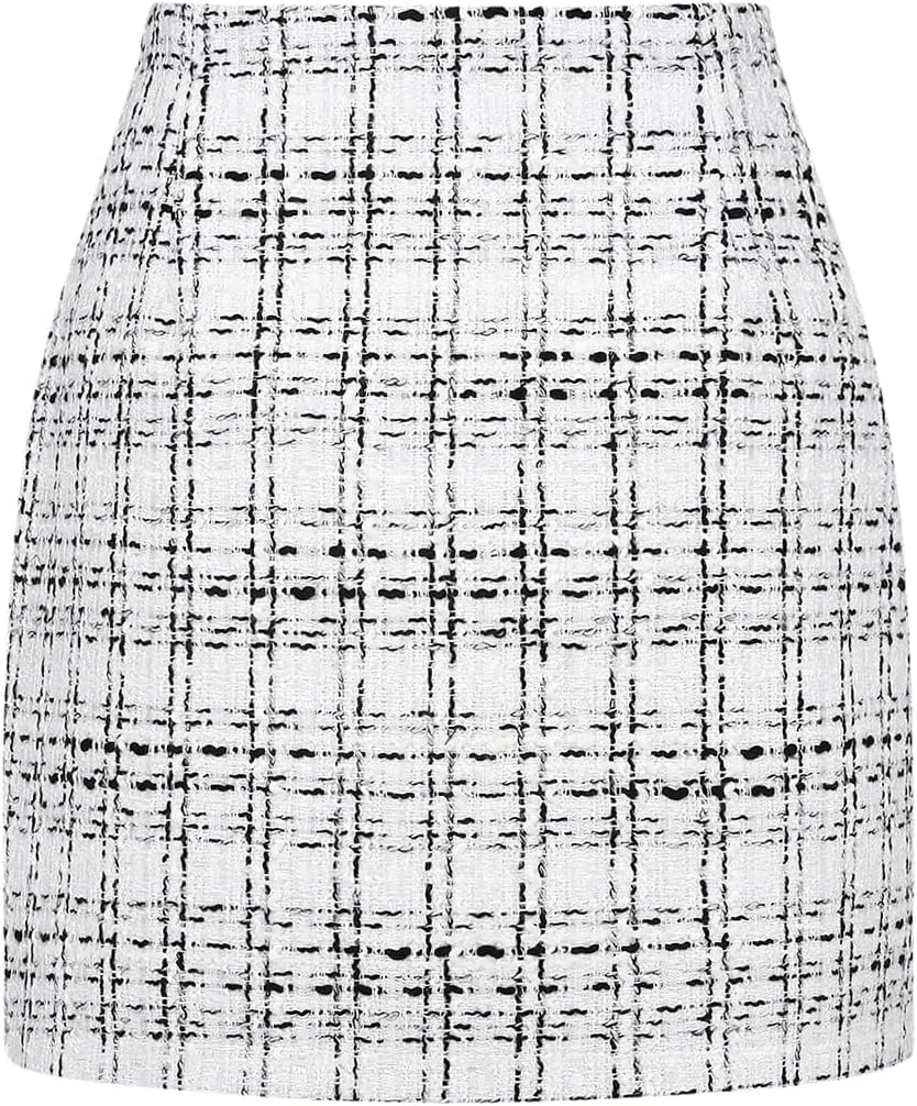 Plaid Mini Skirts for Womens High Waisted Fall Winter Wool Bodycon Pencil Skirts with Slit