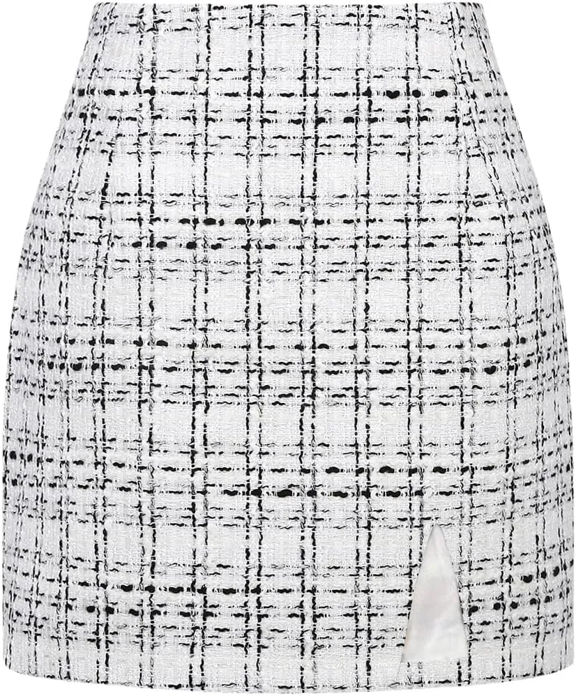 Plaid Mini Skirts for Womens High Waisted Fall Winter Wool Bodycon Pencil Skirts with Slit