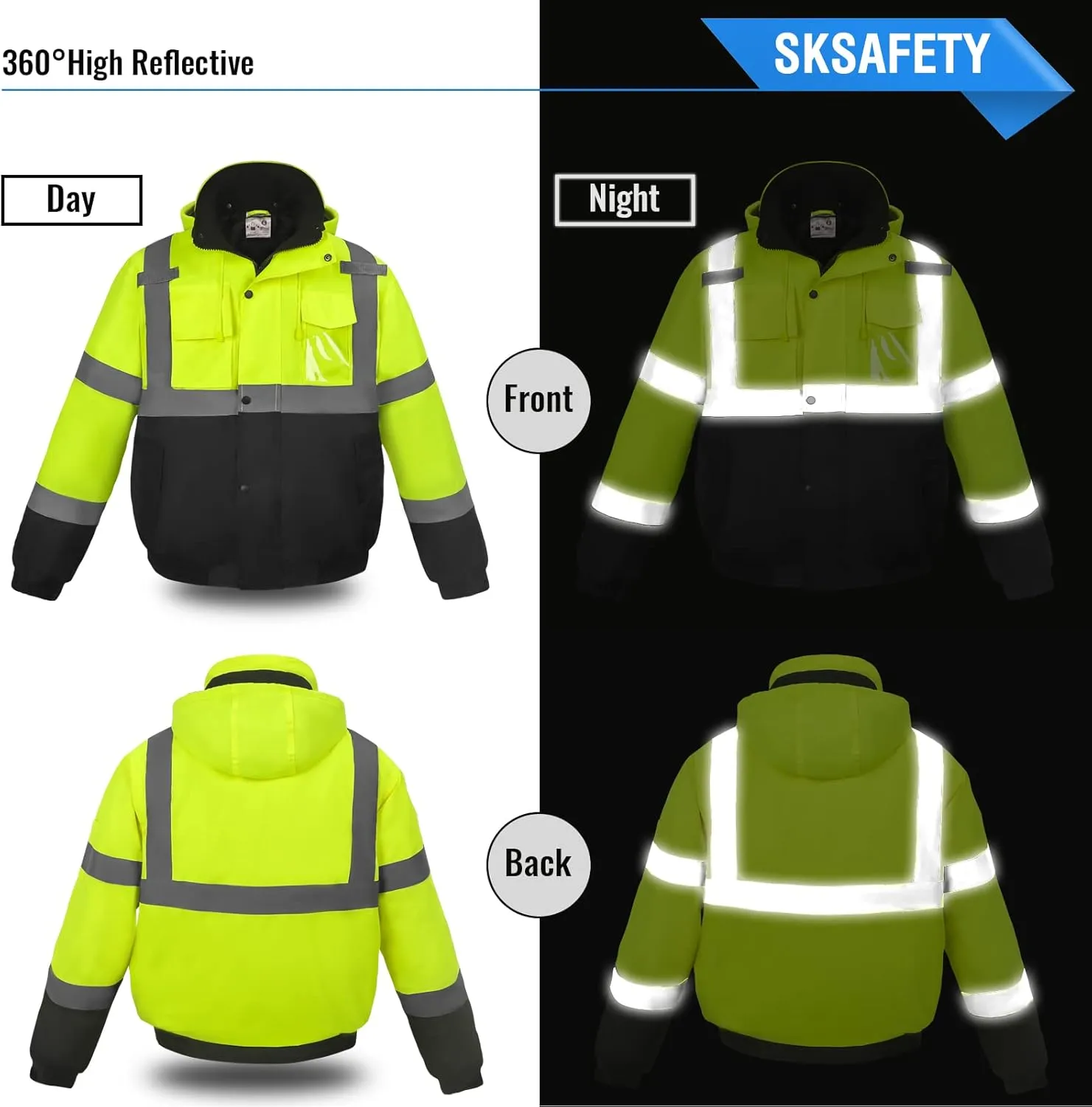 SKSAFETY High Visibility Reflective Jackets for Men, Waterproof Class 3 Safety Jacket with Pockets, Hi Vis Yellow Coats with Black Bottom, Mens Work Construction Coats for Cold Weather, 2XL, 1 Pack