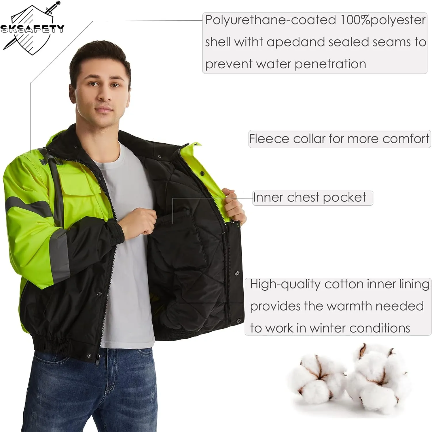 SKSAFETY High Visibility Reflective Jackets for Men, Waterproof Class 3 Safety Jacket with Pockets, Hi Vis Yellow Coats with Black Bottom, Mens Work Construction Coats for Cold Weather, 2XL, 1 Pack