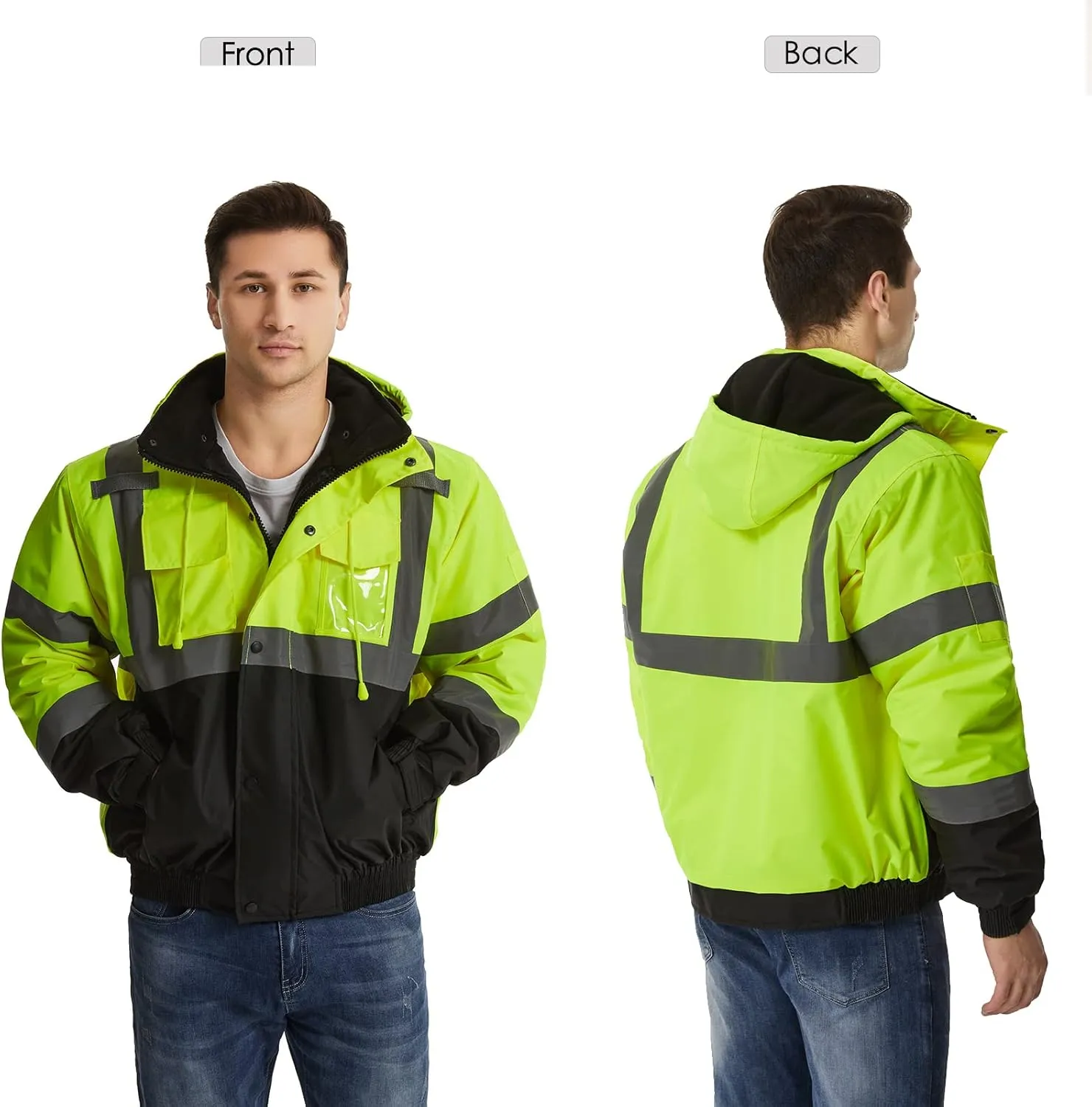 SKSAFETY High Visibility Reflective Jackets for Men, Waterproof Class 3 Safety Jacket with Pockets, Hi Vis Yellow Coats with Black Bottom, Mens Work Construction Coats for Cold Weather, 2XL, 1 Pack