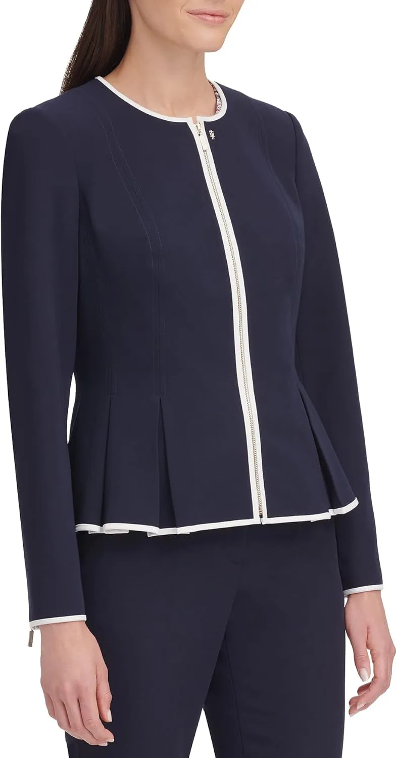 Tommy Hilfiger Women's Peplum Collarless Zip Front Blazer Jacket