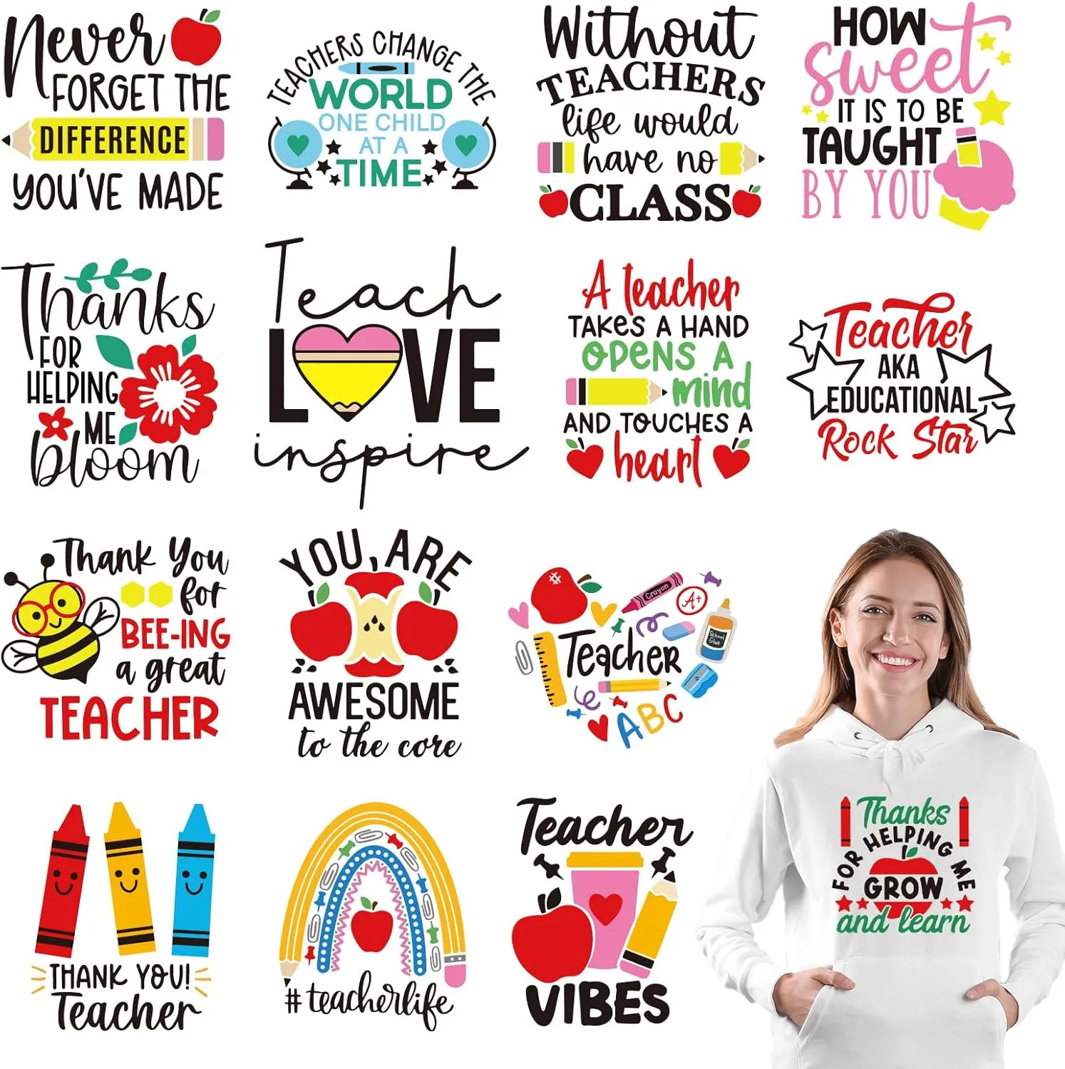Whaline 15Pcs Teacher Appreciation Iron On Transfer Patches Heat Transfer Iron Patches Heat Transfer Vinyl Stickers for Teachers' Day DIY Crafts Clothing Fabric