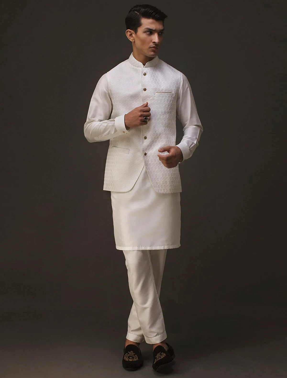 WHITE SELF MESH EMBROIDERED WAISTCOAT
