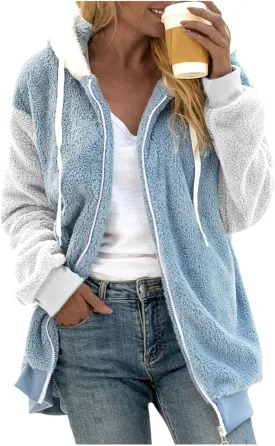 Winter Coat For Women 2023 Fuzzy Fleece Jacket Hooded Color Block Thermal Coat Oversized Fluffy Sherpa Outerwear
