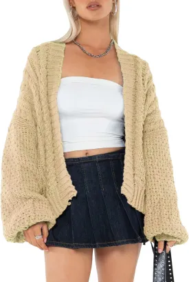 Women Chunky Cute Cardigan Cable Knit Oversized Open Front Sweaters Lantern Sleeve Loose Short Coats Outwear Vintage