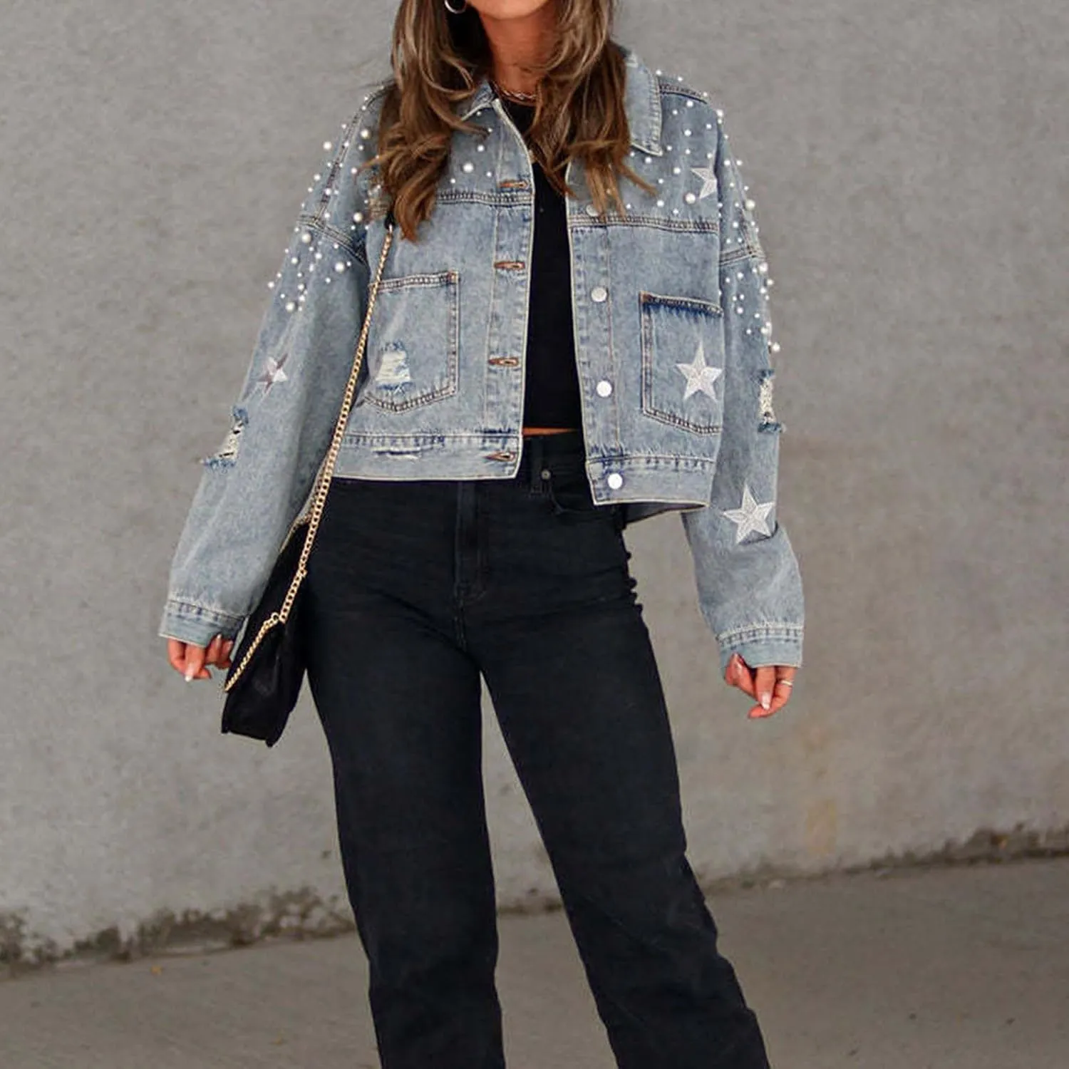 Women Embroidered Pearls Beading Crop Denim Jacket Fashion Lapel Button Down Cropped Distressed Jean Coat with Pockets