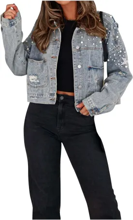 Women Embroidered Pearls Beading Crop Denim Jacket Fashion Lapel Button Down Cropped Distressed Jean Coat with Pockets