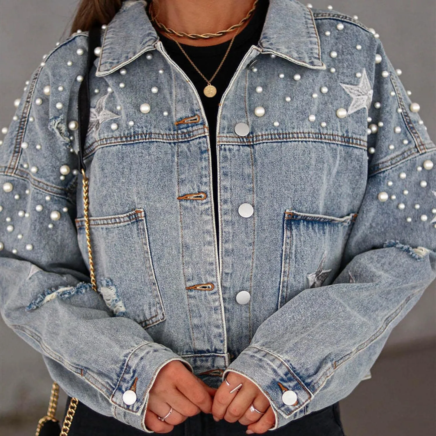 Women Embroidered Pearls Beading Crop Denim Jacket Fashion Lapel Button Down Cropped Distressed Jean Coat with Pockets
