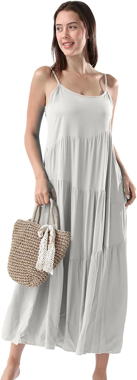 Women Summer Spaghetti Strap Sleeveless Casual Flowy Beach Vacation 2025 Maxi Dress