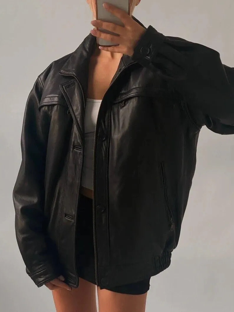 Women's Black Leather Jackets | Oversized PU Slim Biker Coats | Regular & Plus Size Moto Biker Fall Outfits Fashion Clothes