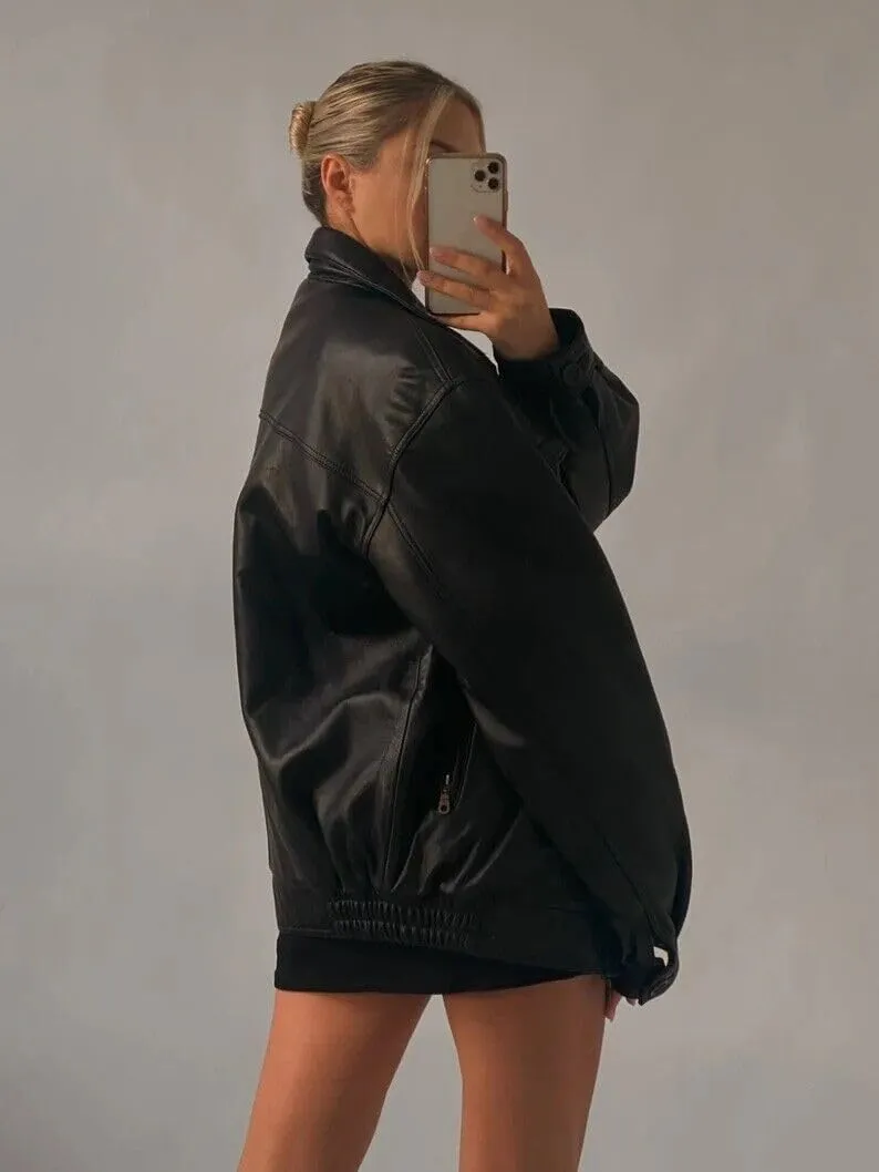 Women's Black Leather Jackets | Oversized PU Slim Biker Coats | Regular & Plus Size Moto Biker Fall Outfits Fashion Clothes