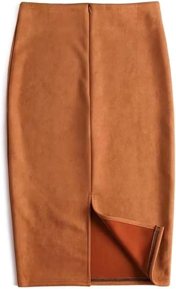 Women's Sexy Pencil Skirt Solid Color High Waist Suede Skinny Back Slit Office Tight Skirt