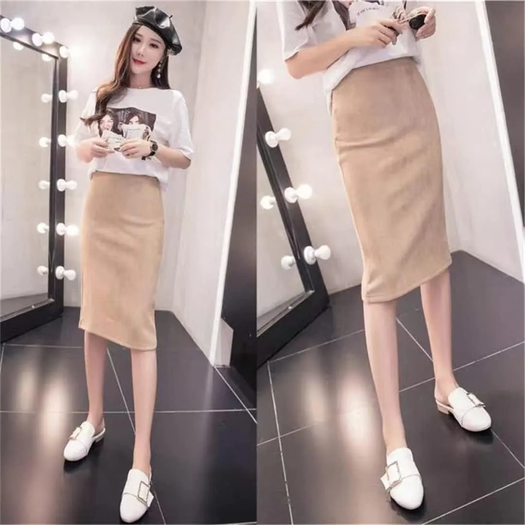 Women's Sexy Pencil Skirt Solid Color High Waist Suede Skinny Back Slit Office Tight Skirt