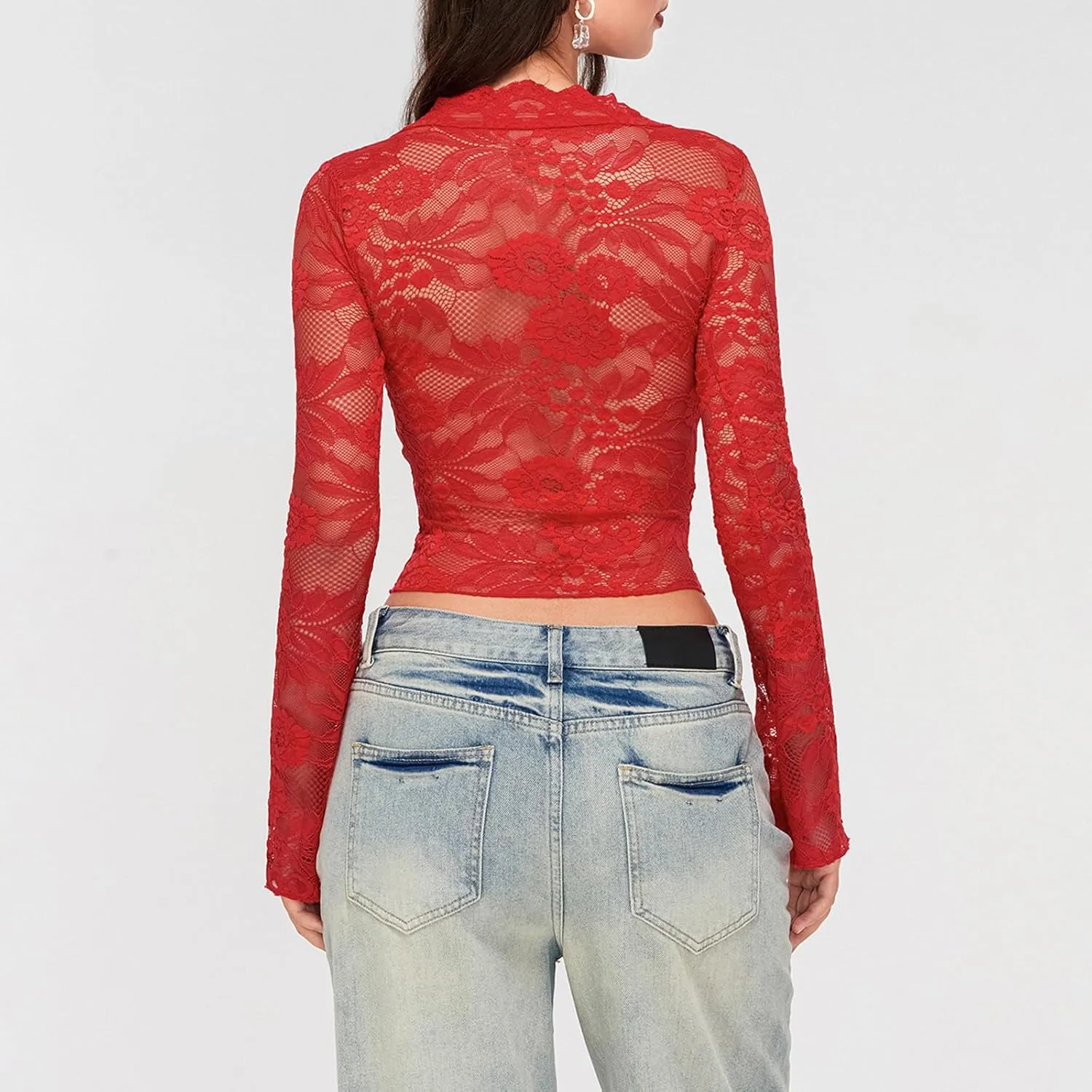 Women's Y2K Long Sleeve Sheer Mesh Top Deep V Neck Embroidery Floral Lace Top Sexy See Through Going Out Crop Tops