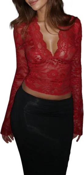 Women's Y2K Long Sleeve Sheer Mesh Top Deep V Neck Embroidery Floral Lace Top Sexy See Through Going Out Crop Tops