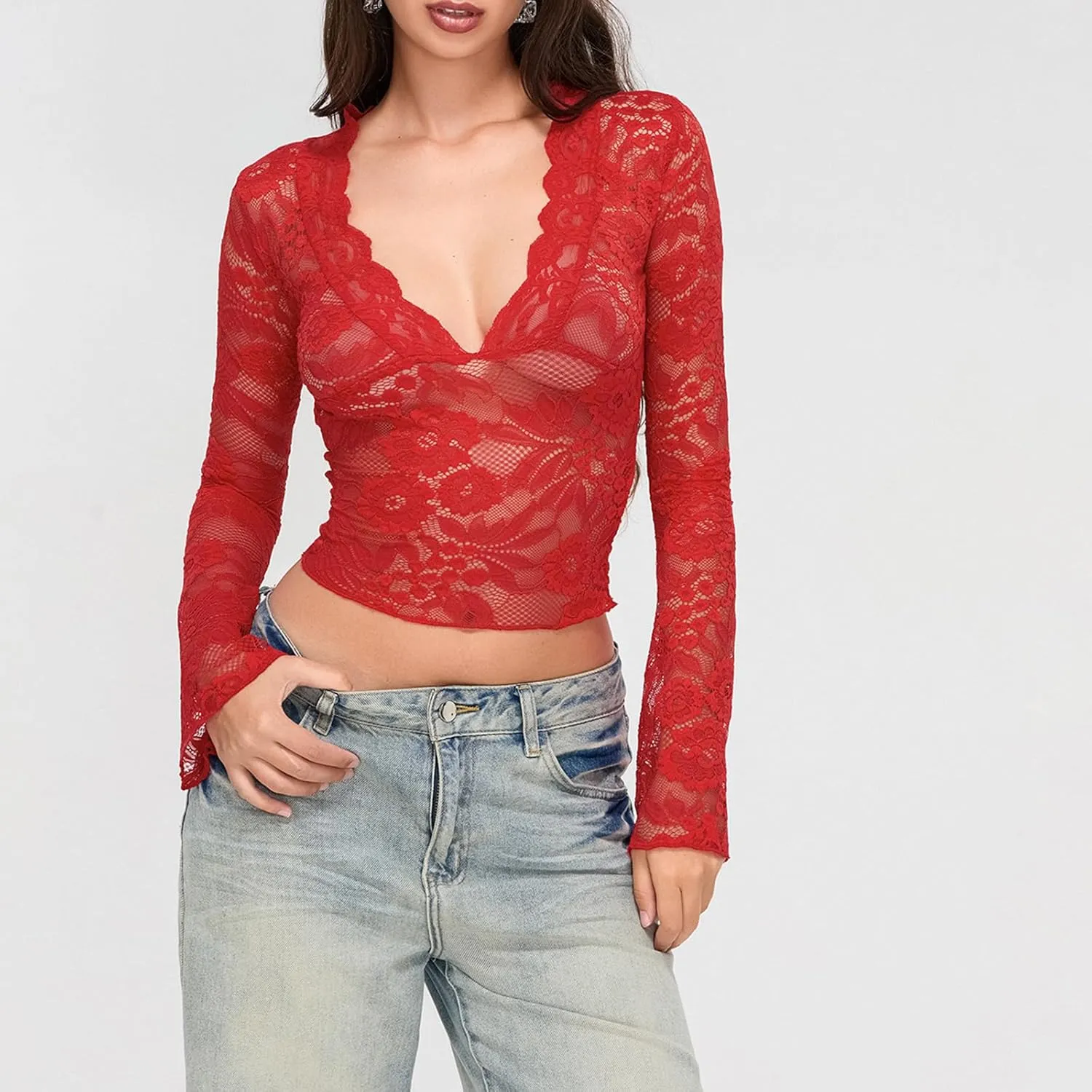 Women's Y2K Long Sleeve Sheer Mesh Top Deep V Neck Embroidery Floral Lace Top Sexy See Through Going Out Crop Tops