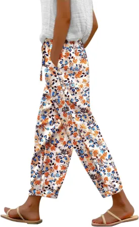 YESNO Casual Pants for Women Summer Floral Boho Lightweight Drawstring Elastic High Waist Pants with Pockets PHT